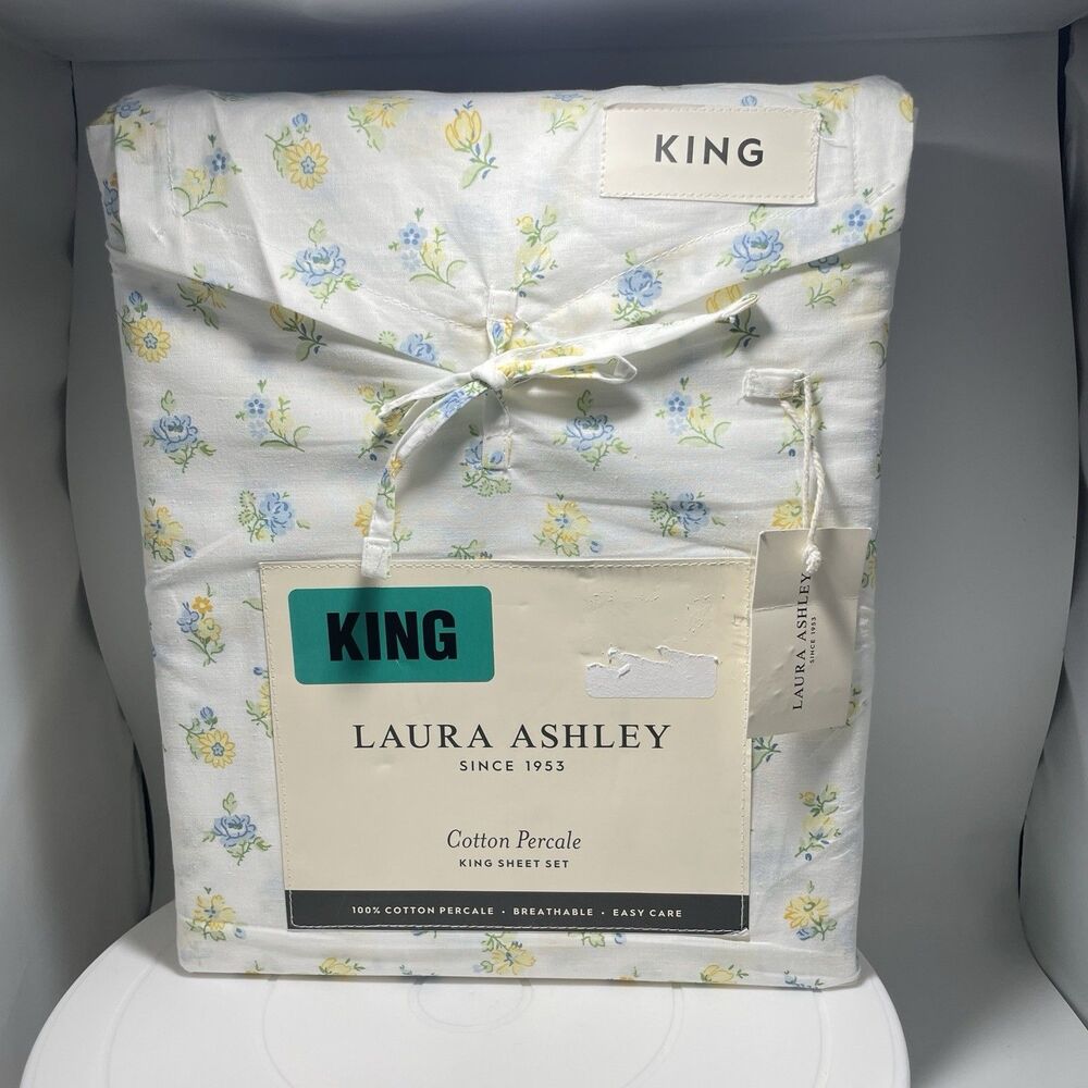 Laura Ashley King Sheet Set Cotton Percale Claras Blossoms Yellow New With Tag